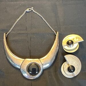 Vintage Mexico 925 Sterling Silver Modernist Onyx Necklace & Earrings Set